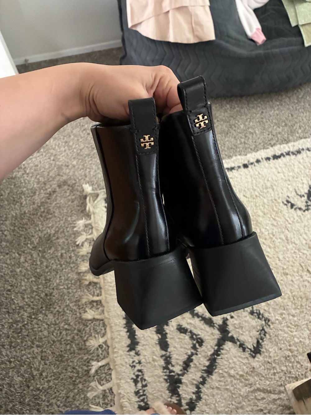 Tory Burch Black Leather Block Heel Ankle Booties with Logo Pull Tabs